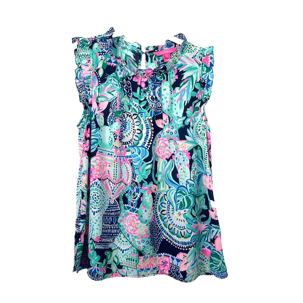 LILLY PULITZER Talisa Ruffle printed Top Size M‎ Lookin' Sharp cactus cats artsy